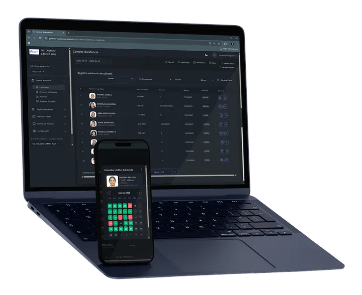 Sistema de control de asistencia escolar Carnet Plus mostrando registro automático en computador y app móvil