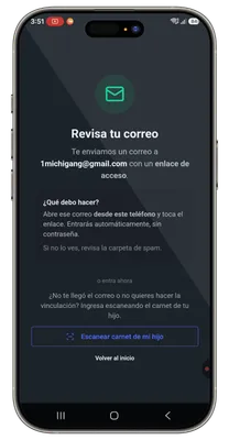 Pantalla 'Revisa tu correo' de la app